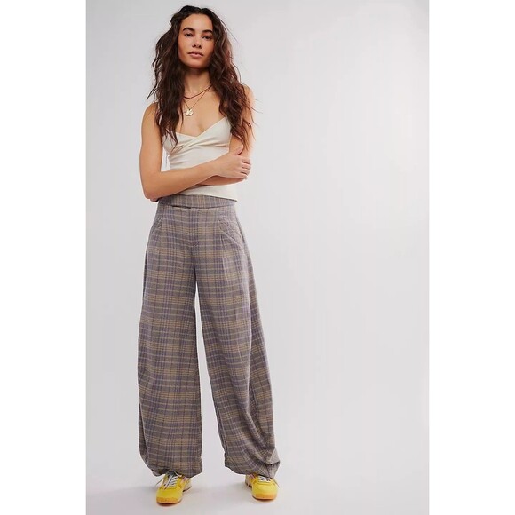 Free People Tegan Barrel Trousers Pants Plaid Printed Slouchy Cotton L-12 279303